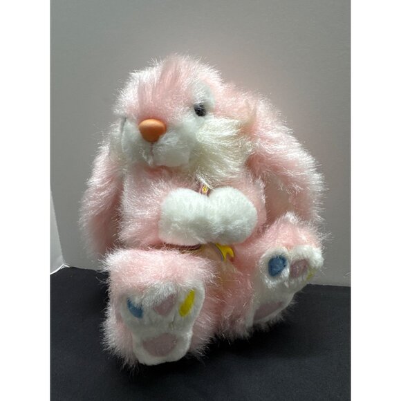 Kids Of America Pink White Fluffy Plush Bunny With Flocked Peach Nose Colorful P - Picture 1 of 10